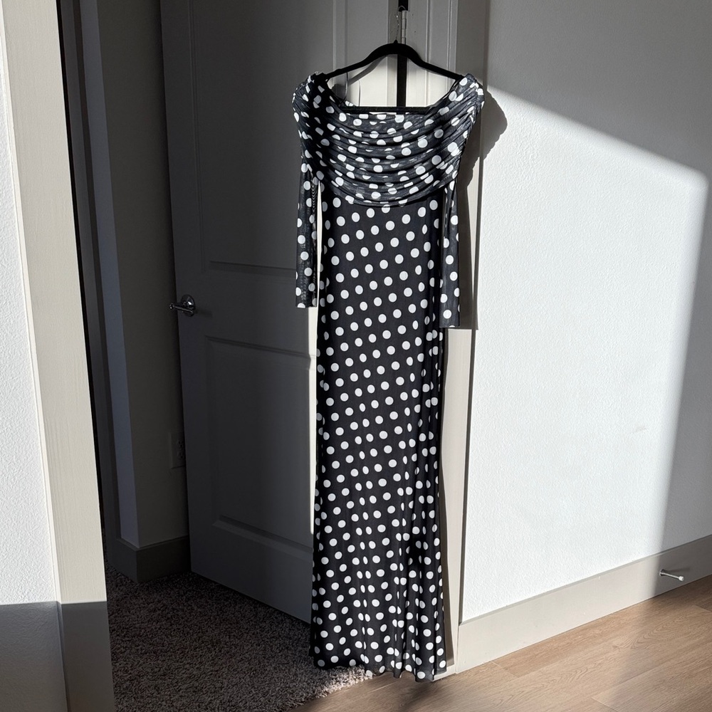 Chic Black and White Polka Dot Off the Shoulder Maxi Dress